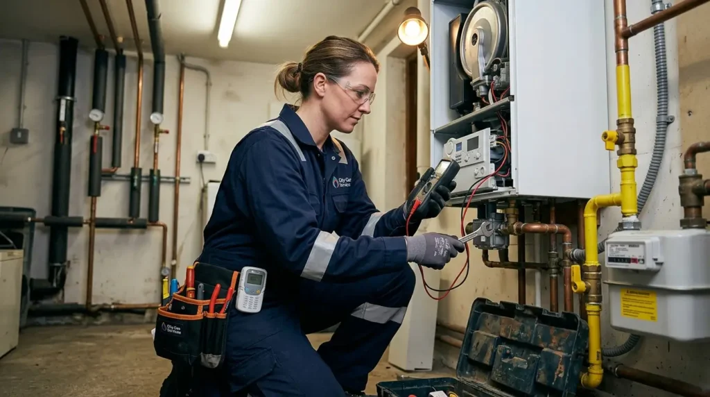 Gas technician in Croydon London performing gas safety inspection