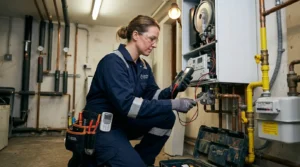 Gas technician in Croydon London performing gas safety inspection